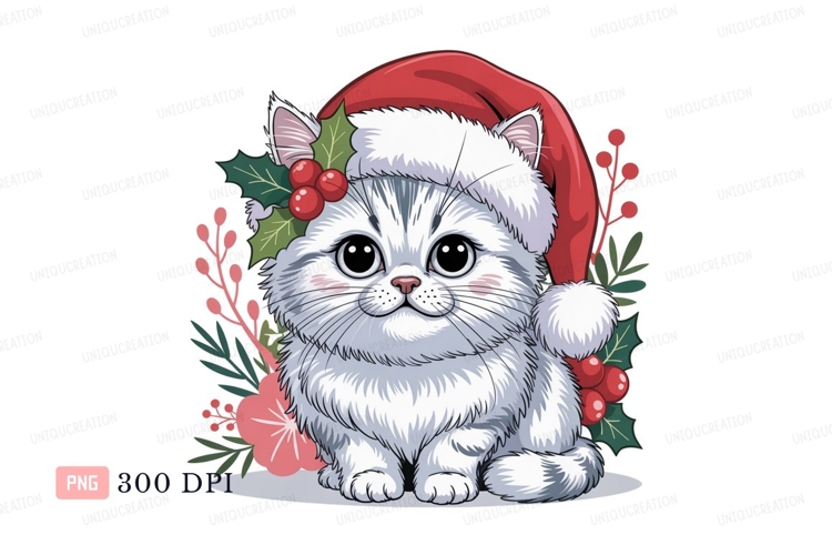 Fluffy kitten wearing santa hat festive foliage christmas