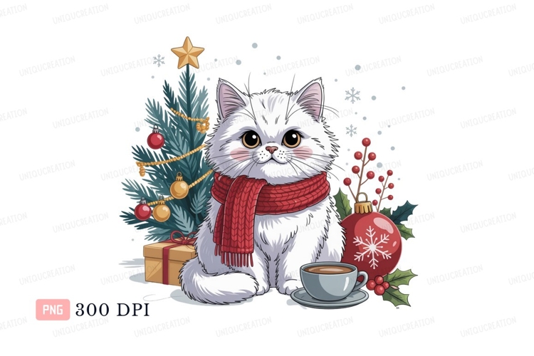 Fluffy white cat wearing red scarf with Christmas tree