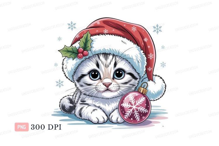 Kitten wearing Santa hat with ornament christmas
