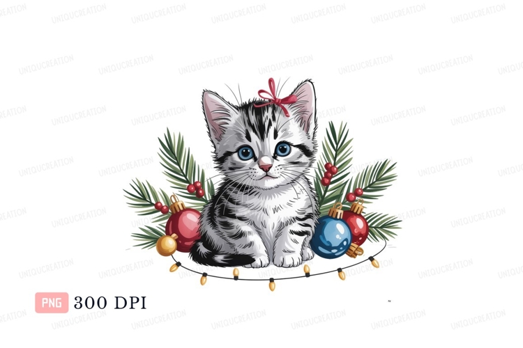 Silver tabby kitten with festive decorations blue