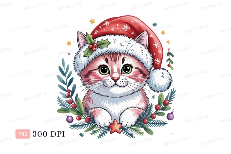 Pink striped cat wearing Santa hat kitten christmas