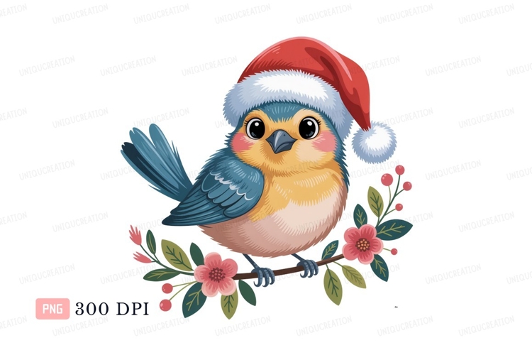 Blue bird wearing santa hat on branch yellow pink