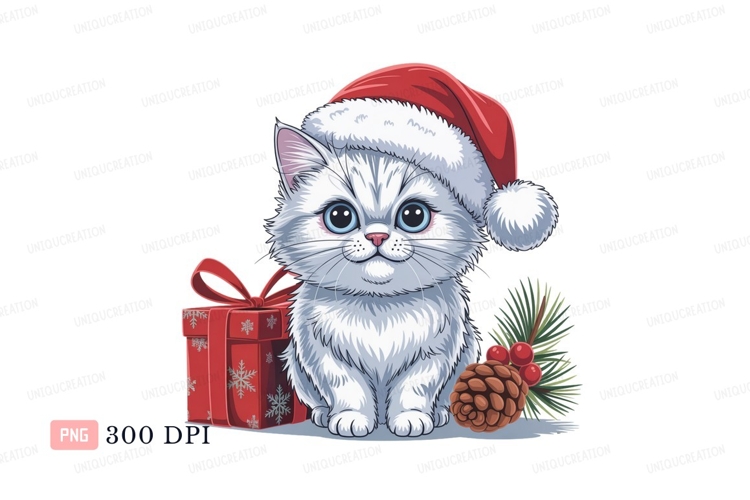Fluffy white kitten wearing Santa hat blue eyes