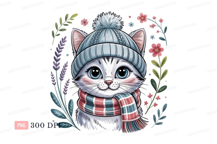 Cute cat wearing winter hat and scarf kitten animal