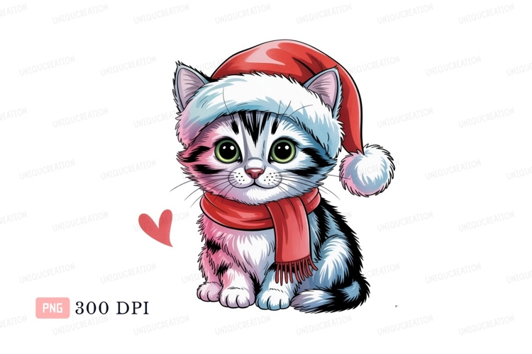 Cute kitten wearing christmas hat and scarf image