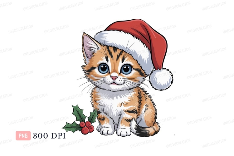 Adorable kitten wearing Santa hat christmas