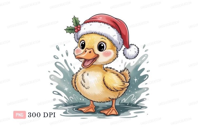 Cheerful duckling wearing santa hat yellow orange