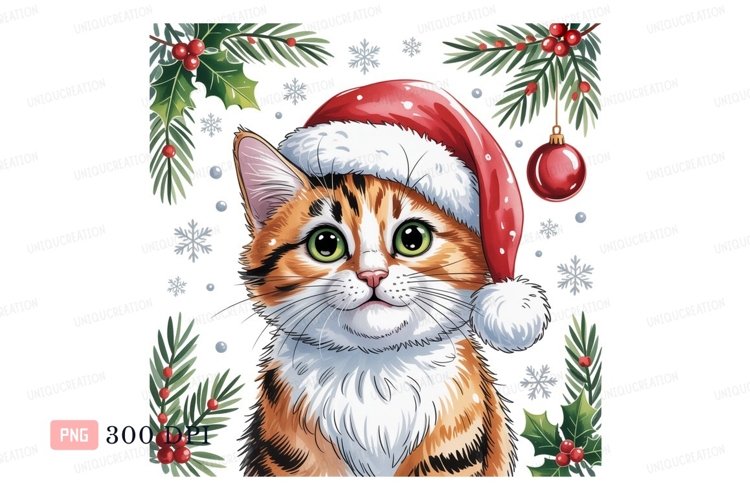 Orange tabby cat wearing Santa hat christmas holly