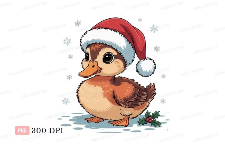 Cute duckling wearing santa hat christmas snowflakes