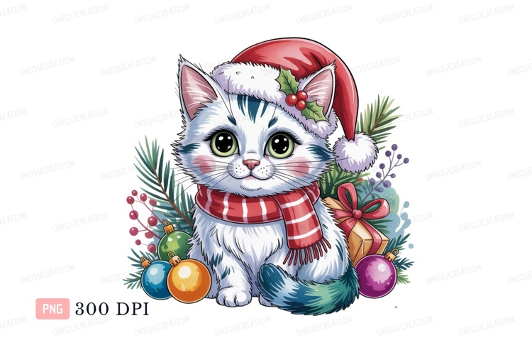 Fluffy kitten wearing christmas hat and scarf festive