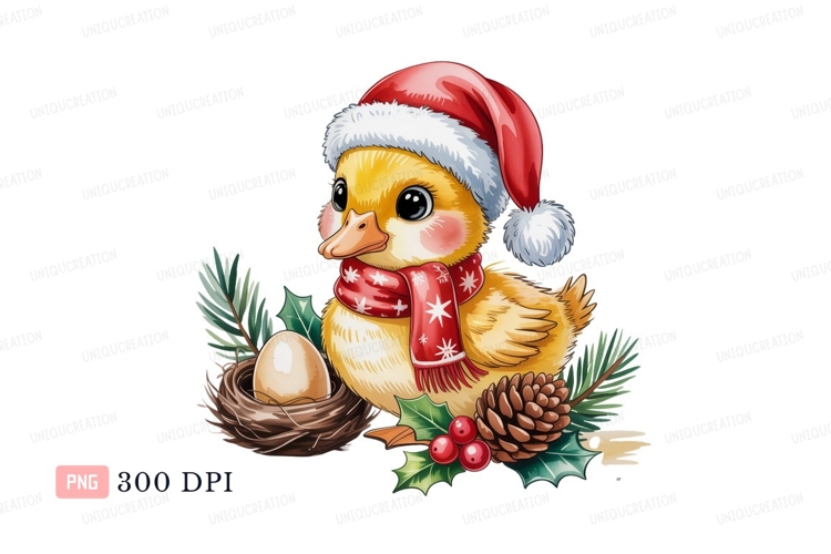 Yellow duckling wearing christmas hat and scarf image