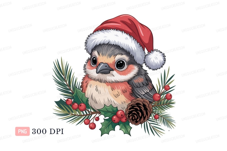 Festive robin wearing santa hat surrounded by foliage