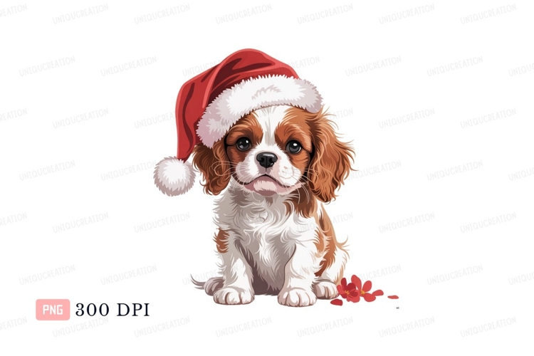Adorable Cavalier King Charles Spaniel wearing Santa hat