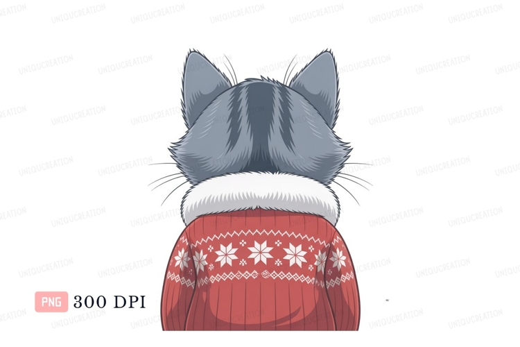Gray cat wearing red snowflake sweater image
