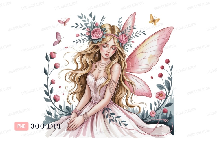 Blonde fairy with pink wings and floral crown image