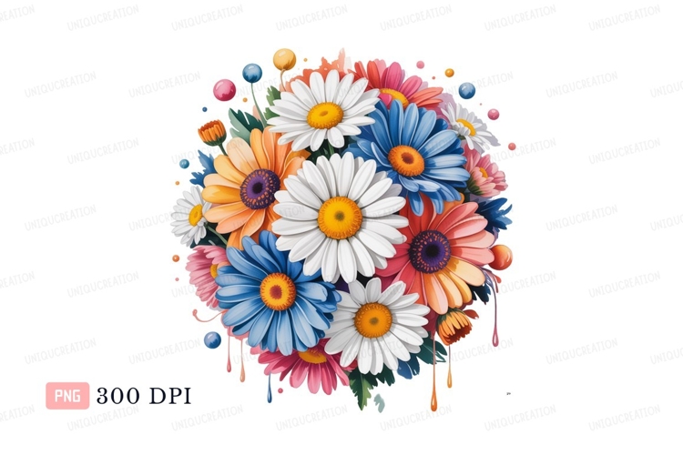 Colorful daisy bouquet with dripping paint flowers