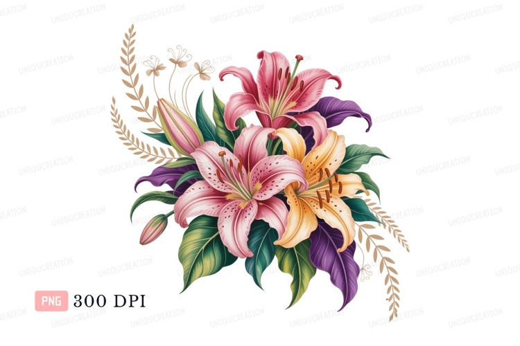 Pink yellow purple lilies bouquet green