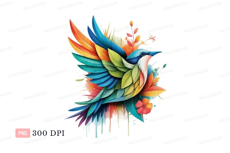 Colorful bird with vibrant feathers and floral elements