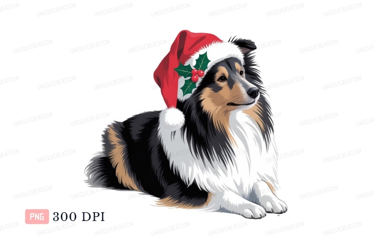 Tricolor dog wearing santa hat black white