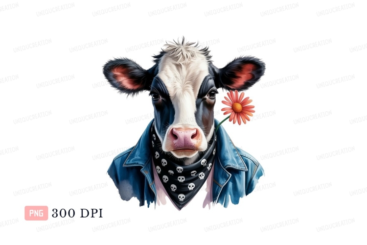 Cow wearing denim jacket and skull bandana holding flower