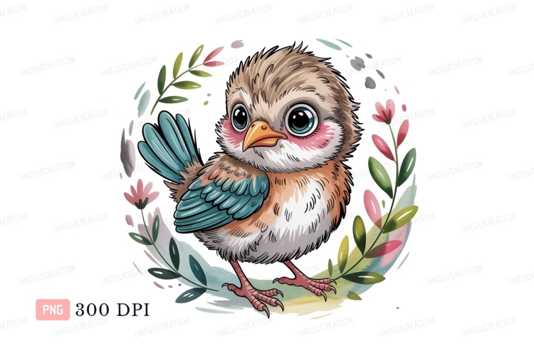 Adorable fluffy bird with big blue eyes pink orange