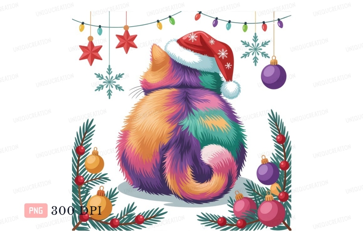 Colorful cat wearing Santa hat with Christmas ornaments