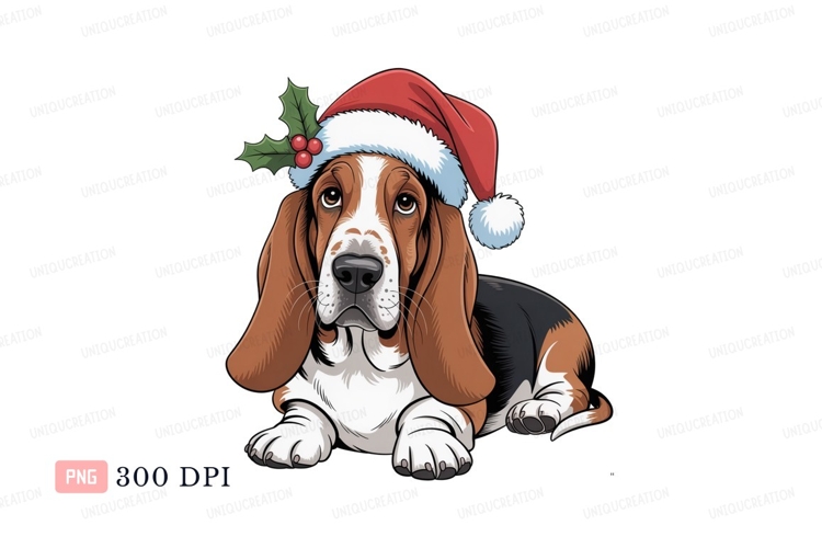 Basset Hound wearing Santa hat christmas