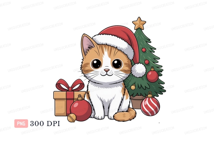 Orange white cat wearing santa hat christmas tree