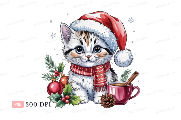 Festive kitten wearing santa hat and scarf christmas