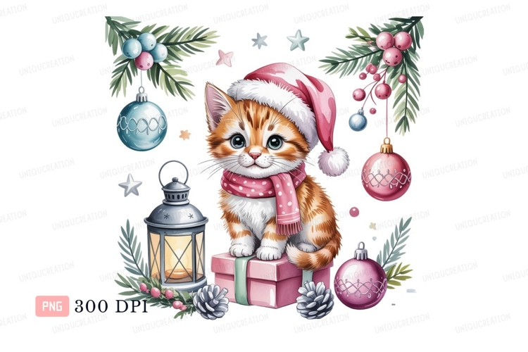 Orange kitten wearing santa hat and scarf christmas