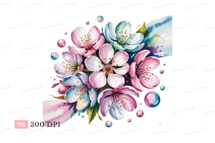 Pink blue white blossoms watercolor flower