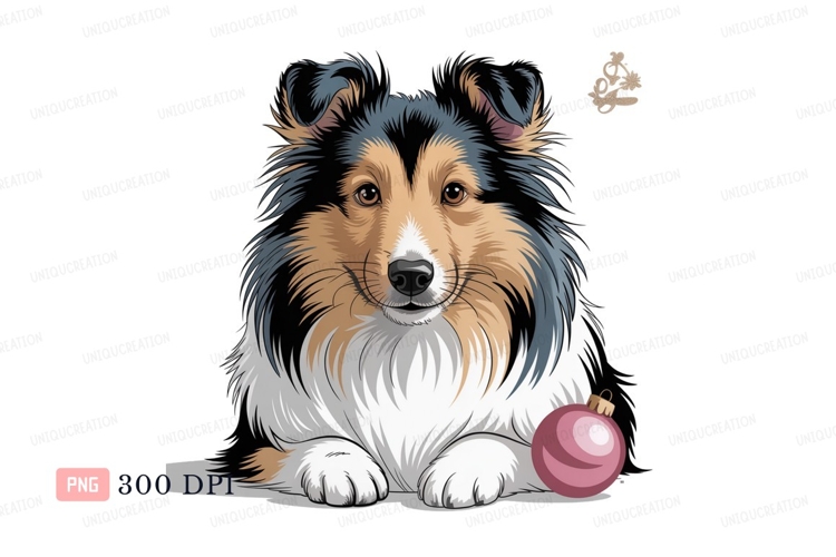 Fluffy dog with christmas ornament sheltie collie