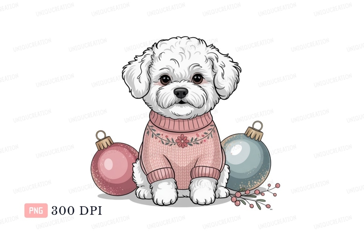 Fluffy white dog wearing pink sweater ornaments