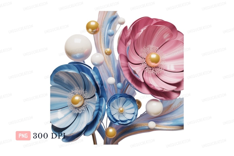 Pink blue floral abstract spheres gold