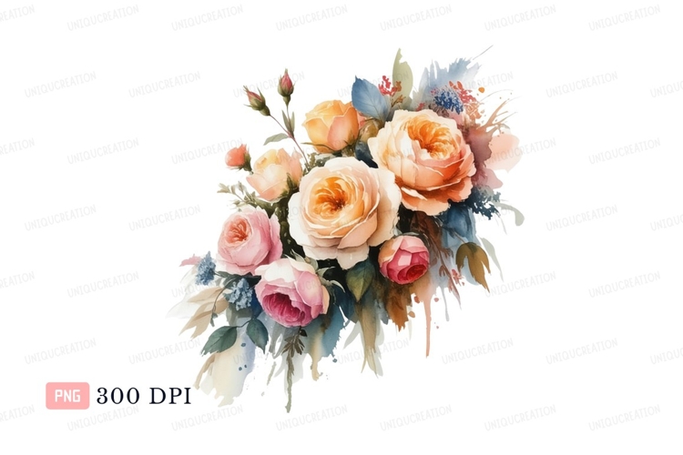 Pink peach orange rose bouquet watercolor image