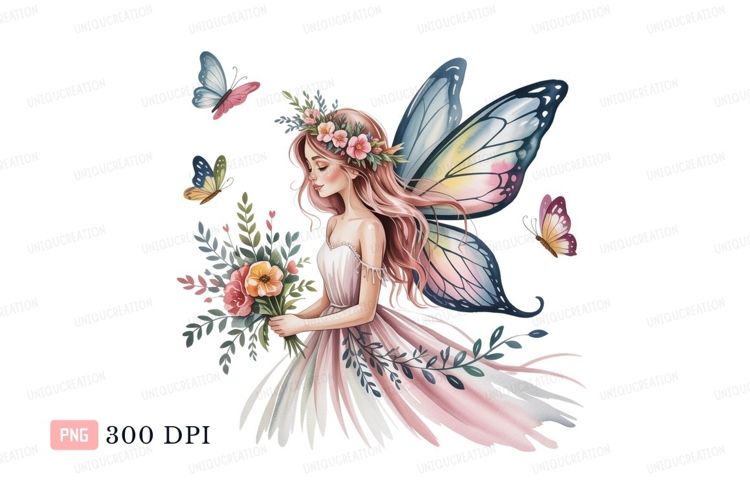 Pink fairy holding flowers with butterflies woman bouquet