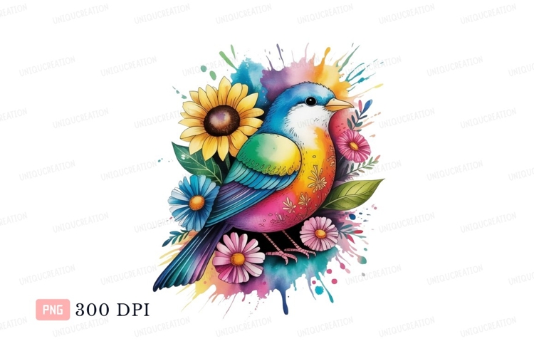 Colorful bird surrounded by flowers sunflower daisy