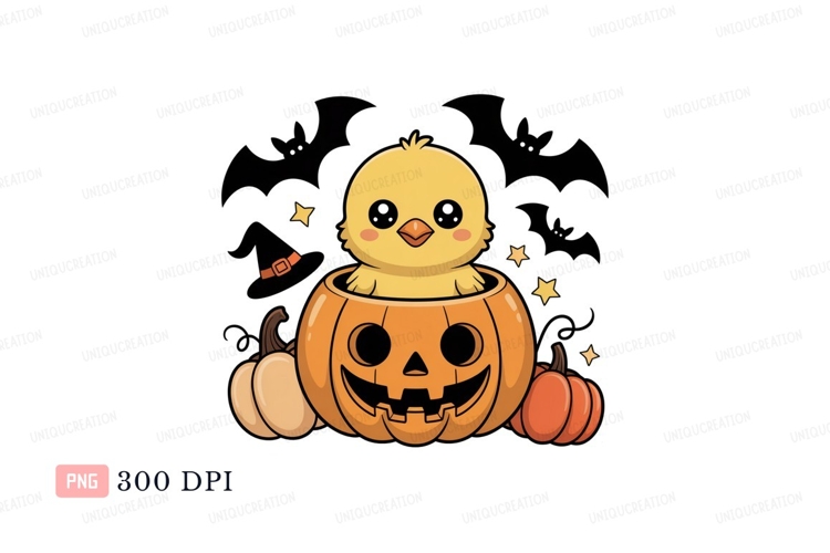 Yellow chick in carved pumpkin orange halloween