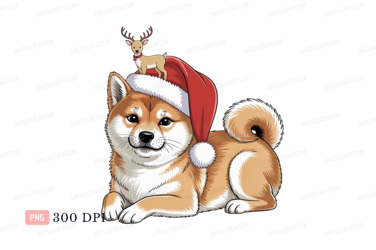 Shiba Inu wearing Santa hat with reindeer image