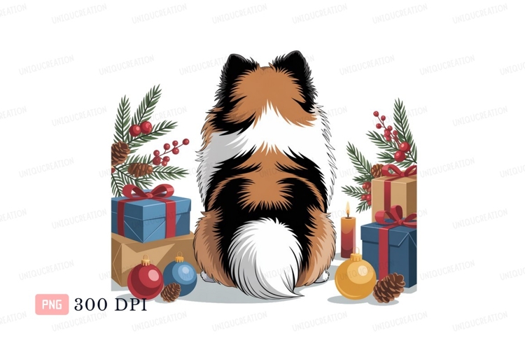 Fluffy dog surrounded by Christmas decorations gifts