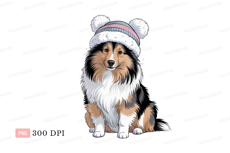Fluffy dog wearing winter hat sheltie