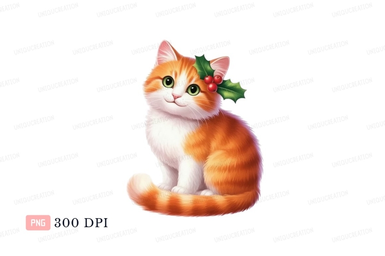Orange white cat wearing holly green