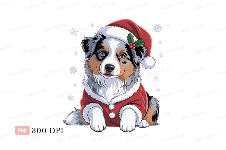 Happy australian shepherd dog wearing santa hat christmas