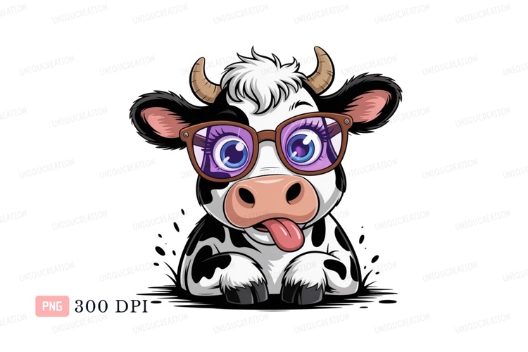 Cartoon cow wearing glasses purple blue