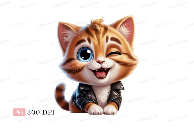 Orange tabby cat winking wearing leather jacket blue