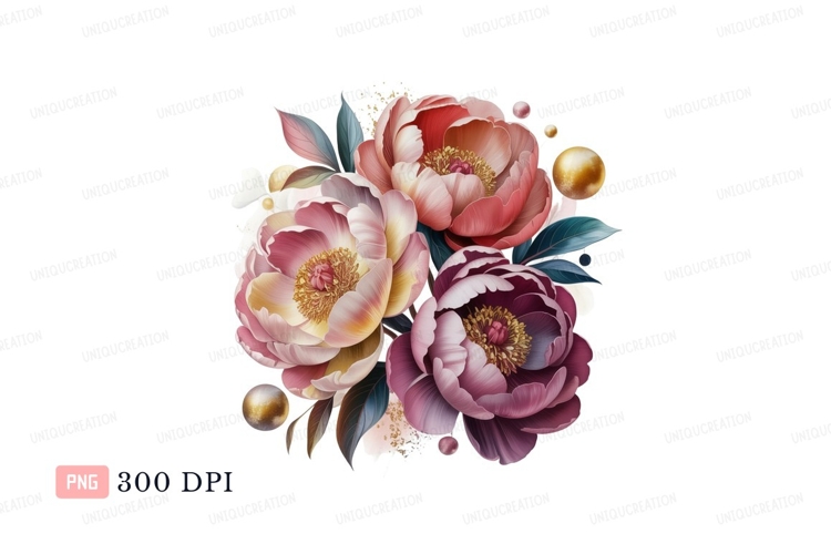 Pink and purple peonies with golden accents flowers