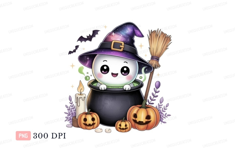 Cute ghost witch in cauldron with pumpkins Halloween