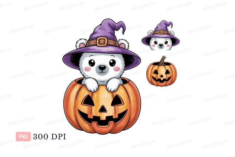 Cute bear wearing witch hat in pumpkin halloween