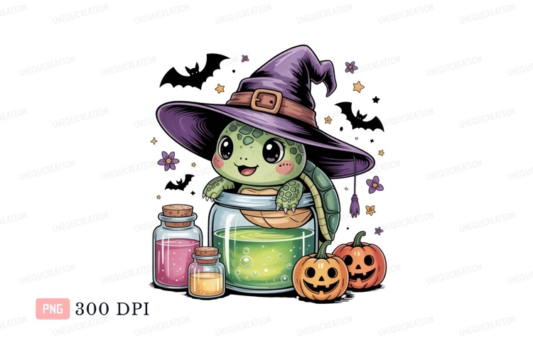 Cute turtle witch with potions and pumpkins image
