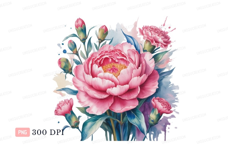 Pink peony floral bouquet watercolor image